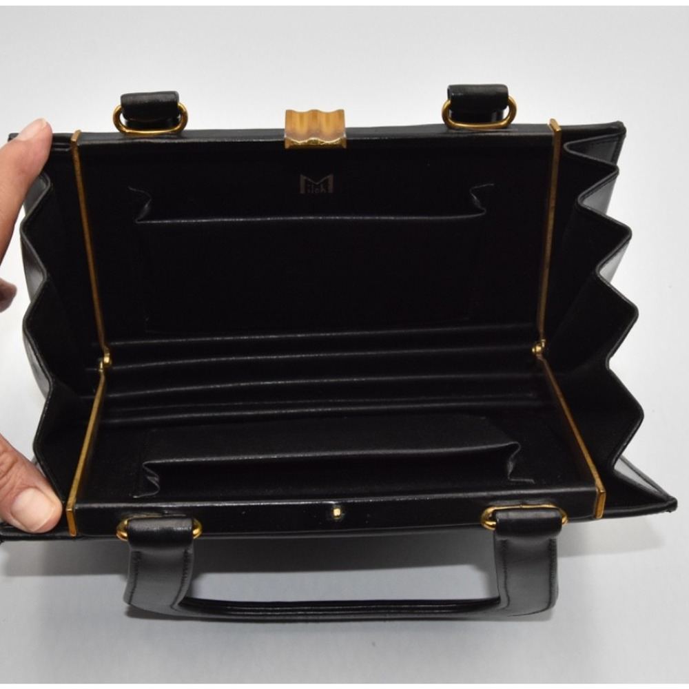 1950s Golden Age Classic Black Leather Accordion Handbag By Frank Milch View 3
